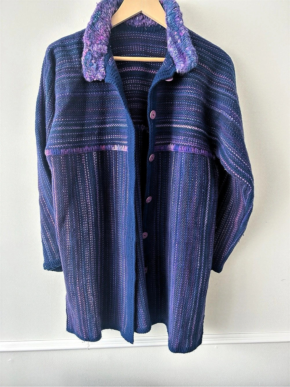 Hand Crafted Heavy Wool Cardigan/ Button Front Jacket, Vintage Like New, Purple
